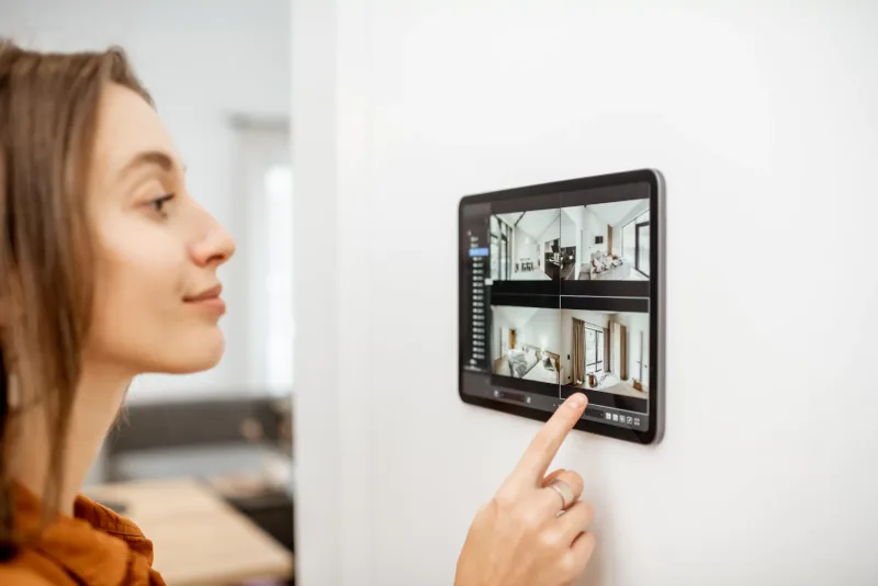 Person interacting with a home control tablet.